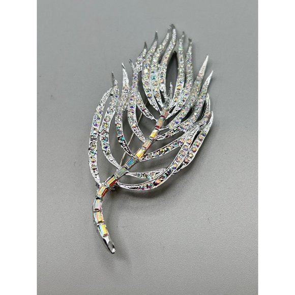 Vintage Rhinestones Feather Pin Brooch Silver Tone Aurora Borealis Oversized Pin - Picture 2 of 9